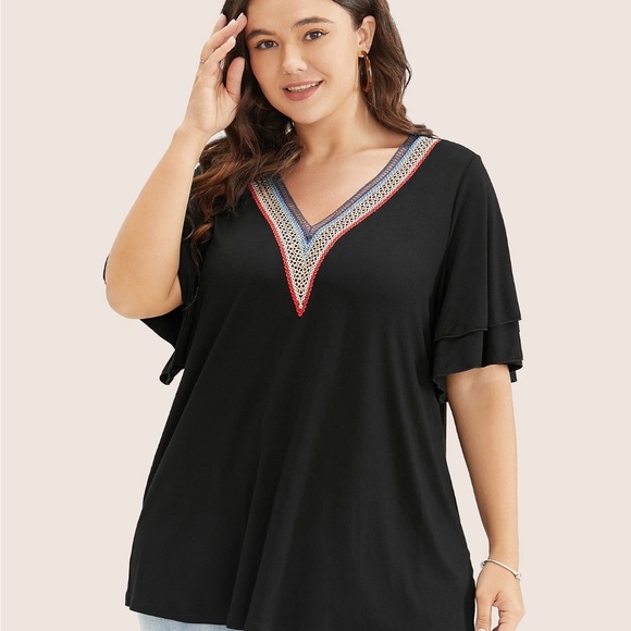 Bloomchic 1X Solid Crochet Lace Ruffle Tiered Sleeve V Neck T-shirt NWT - Picture 2 of 14